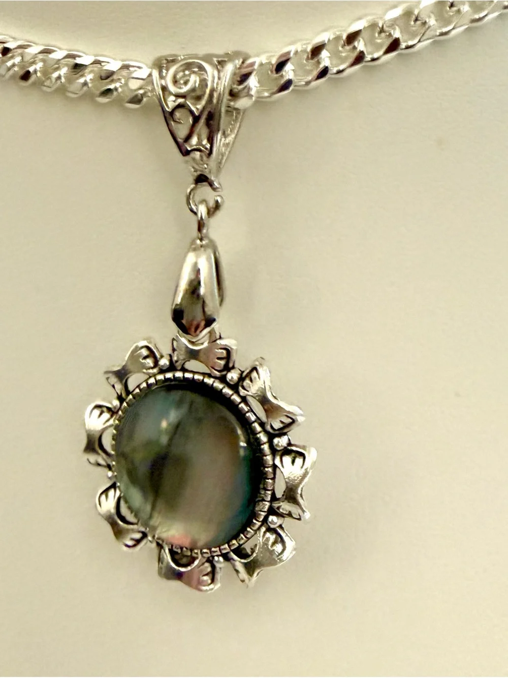 S925 Sterling Silver Abalone Shell Pendant Necklace Floral Artisan Statement